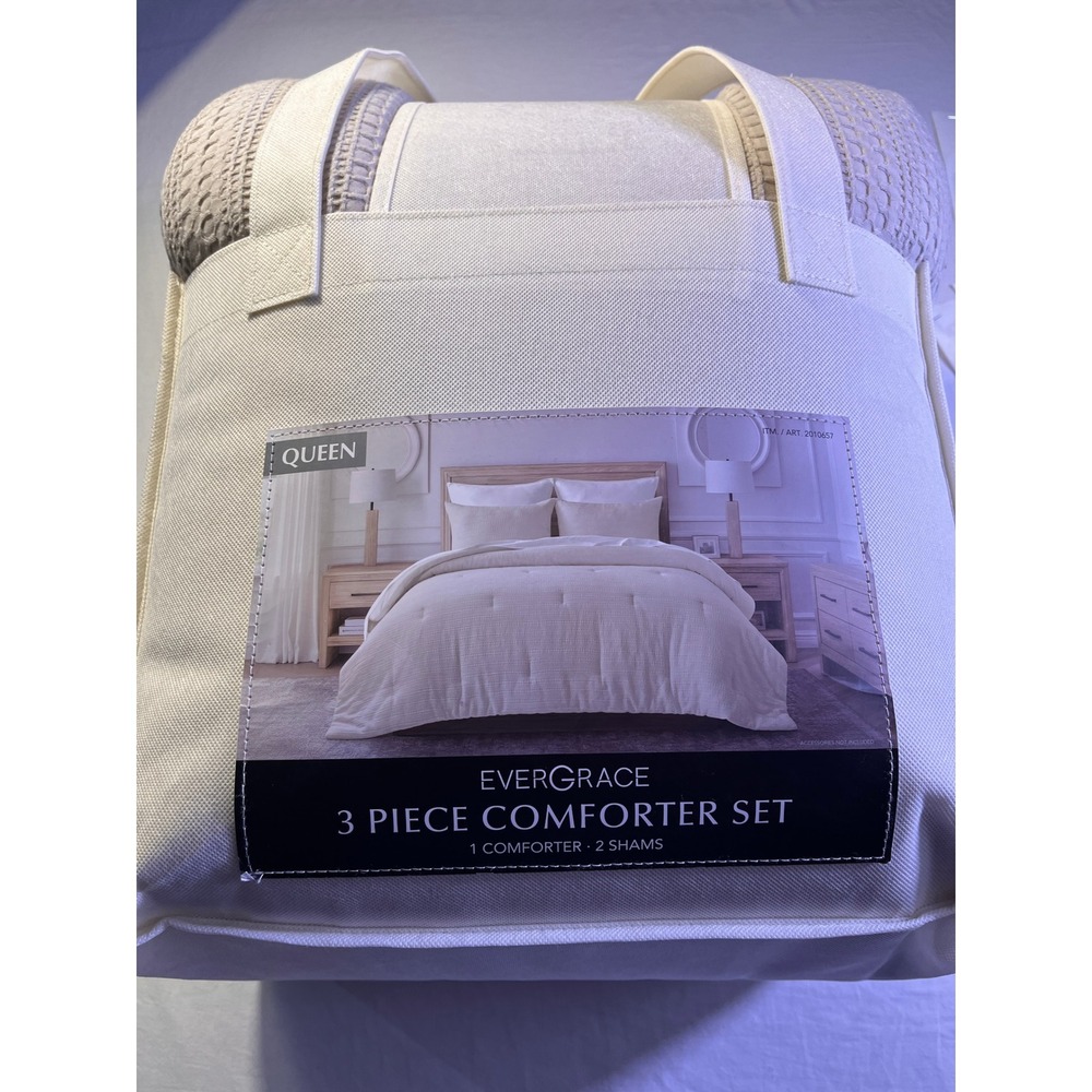 Evergrace 3 Piece Comforter Set Queen Cream NEW Textured Waffle Weave